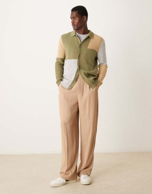 ASOS DESIGN – Strickjacke in Khaki mit Farbblock-Design, durchgehender Knopfleiste und Kragen, 2 von 4