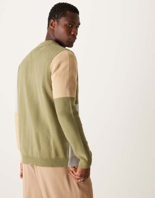ASOS DESIGN – Strickjacke in Khaki mit Farbblock-Design, durchgehender Knopfleiste und Kragen, 3 von 4