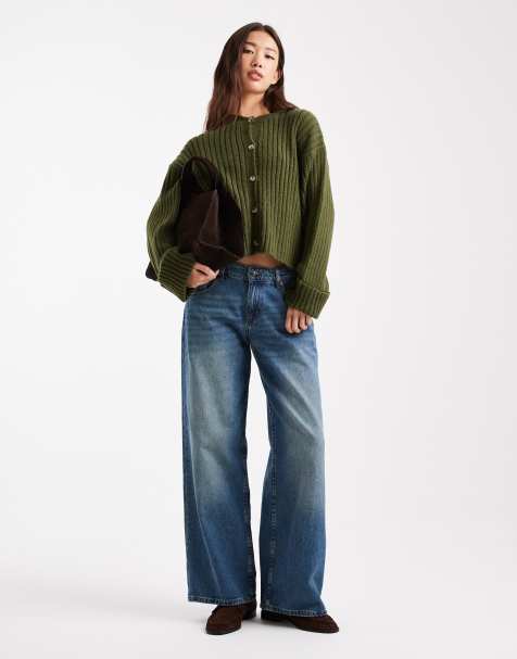 ASOS DESIGN – Strickjacke in Khaki mit umgeschlagenem Bündchen - view 1