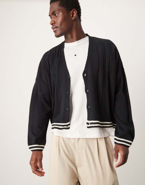 ASOS DESIGN – Strickjacke in Marineblau mit Zopfstrickmuster, Streifen und extremer Oversize-Passform - view 1