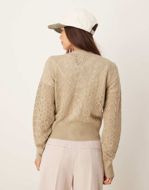 ASOS DESIGN – Strickjacke in Mokka mit offenem Maschenmuster und tiefem, geripptem Saum, 3 von 4