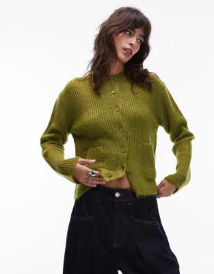 ASOS DESIGN - Strickjacke in Olivgrün mit aufgesetzten Taschen-Blau