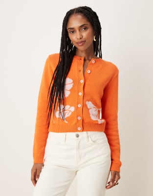 ASOS DESIGN - Strickjacke in Orange mit floralem Jacquard-Muster