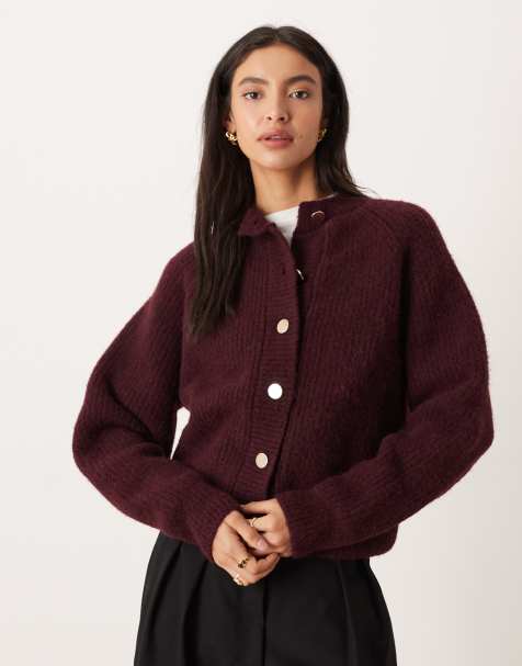 ASOS DESIGN – Strickjacke in Pflaume mit geripptem Vollpatentmuster und Raglan-Detail - view 1