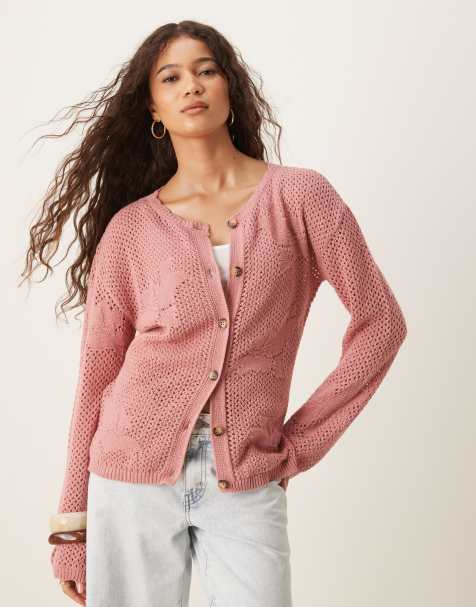ASOS DESIGN – Strickjacke in Rosa mit Spitzendetail - view 1