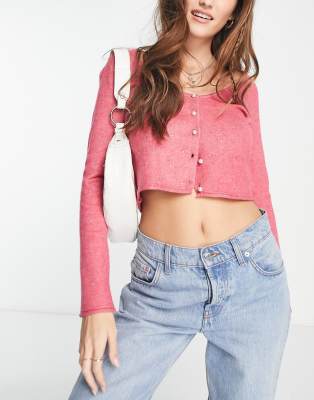 ASOS DESIGN – Strickjacke in Rosa mit U-Boot-Ausschnitt und Strassverzierung