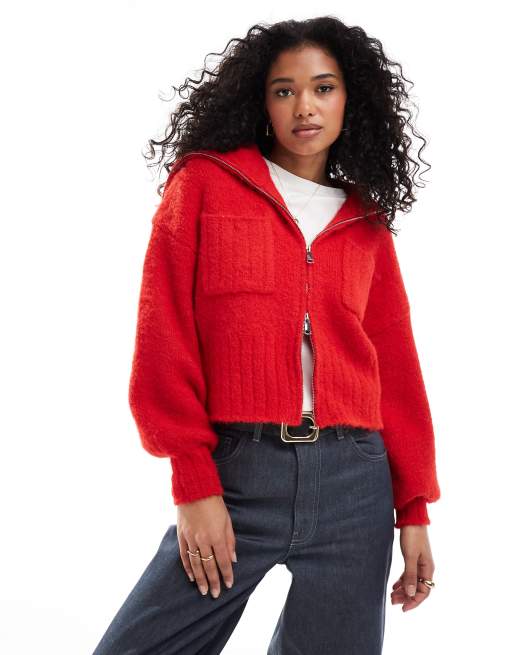 ASOS DESIGN – Strickjacke in Rot mit durchgehendem Reißverschluss, Taschen und Kragendetail