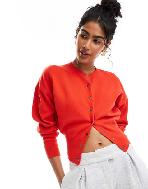ASOS DESIGN – Strickjacke in Rot mit Rundhalsausschnitt und geripptem Saumdetail - view 1