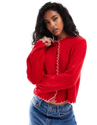 ASOS DESIGN - Strickjacke in Rot mit Ziernähten im Deckenstil-Blau