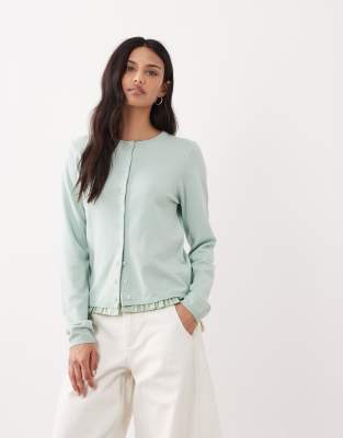 ASOS DESIGN - Strickjacke in Salbeigrün mit gewebtem Einsatz an Saum und Bündchen