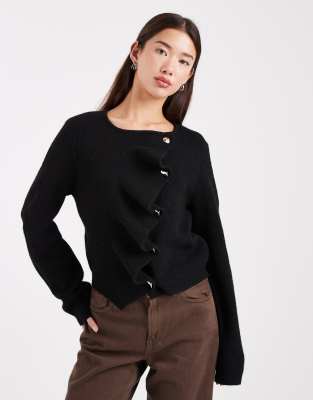 ASOS DESIGN - Strickjacke in Schwarz mit gerüschter Knopfleiste