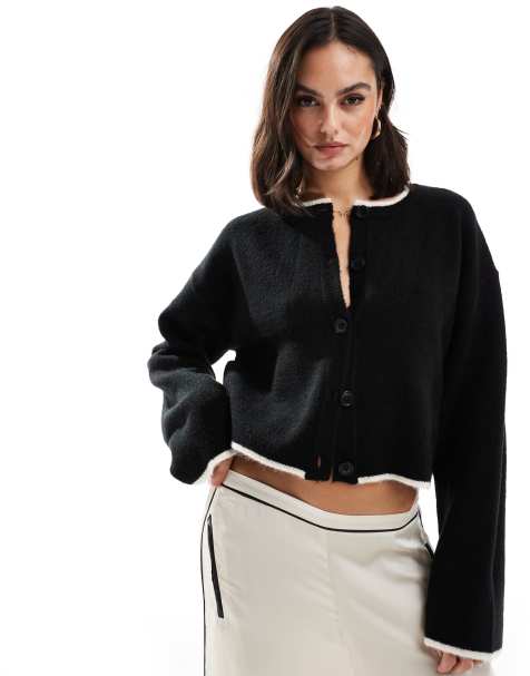 ASOS DESIGN – Strickjacke in Schwarz mit Rundhalsausschnitt und Paspelierungsdetail - view 1