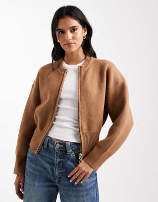 ASOS DESIGN - Strickjacke in Toffeebraun mit Reißverschluss-Brown