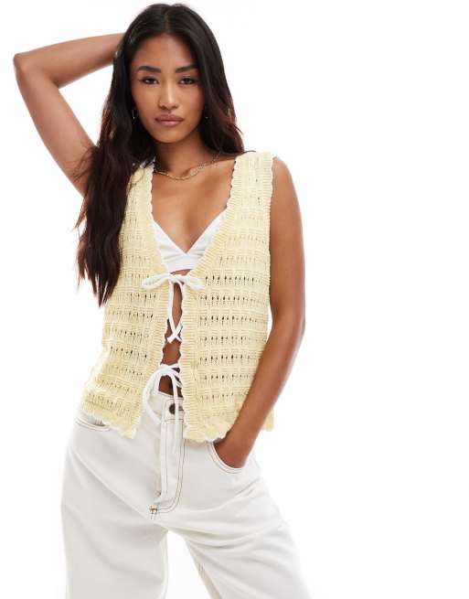 ASOS DESIGN – Strickjacke in Zitronengelb mit Bindedetail vorne