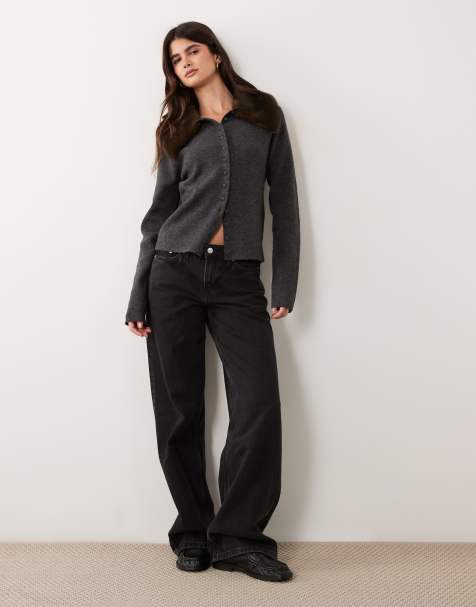 ASOS DESIGN Strickjacke mit faux-fur-Kragen in Anthrazit - view 1