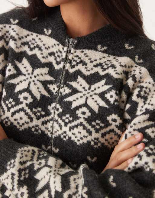 ASOS DESIGN – Strickjacke mit Kragen, Reißverschluss und Fair-Isle-Muster in Anthrazit und Creme, 2 von 4