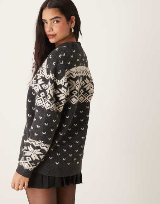 ASOS DESIGN – Strickjacke mit Kragen, Reißverschluss und Fair-Isle-Muster in Anthrazit und Creme, 3 von 4