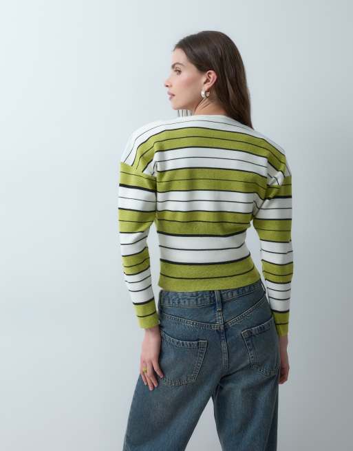 ASOS DESIGN Strickjacke mit taillierter Taille und Schulterpolstern in grün gestreift, 4 von 4