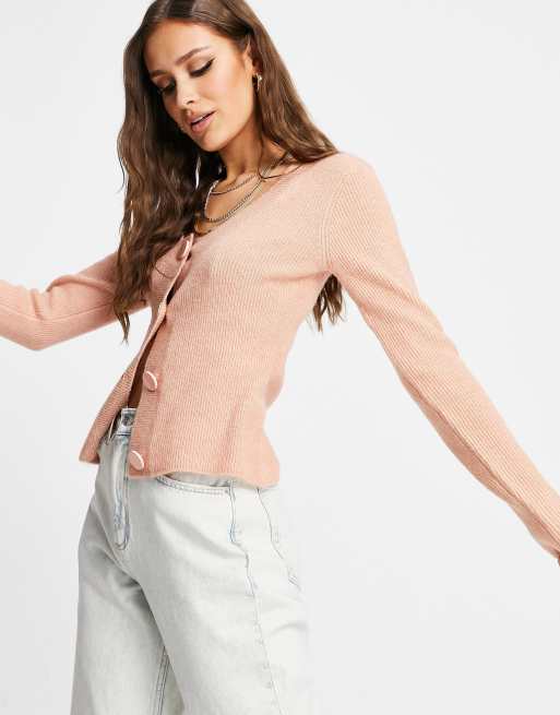 ASOS DESIGN – Strickjacke mit U-Boot-Ausschnitt in Rosa