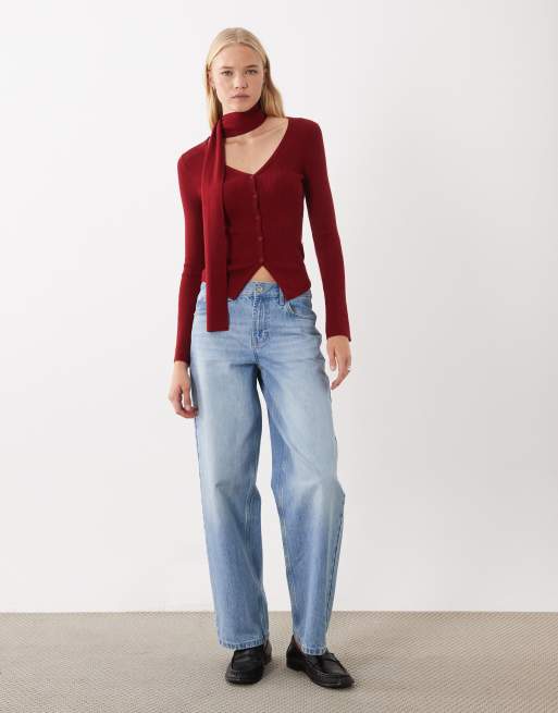 ASOS DESIGN Strickjacke mit V-Ausschnitt und Schal in Rot, 2 von 4