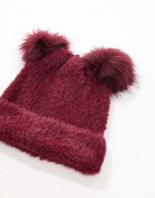 ASOS DESIGN – Strickmütze in Burgunderrot mit zwei Kunstpelz-Bommeln, 4 von 4