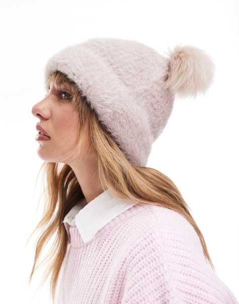 ASOS DESIGN – Strickmütze in Nerzrosa mit zwei Kunstpelz-Bommeln - view 1