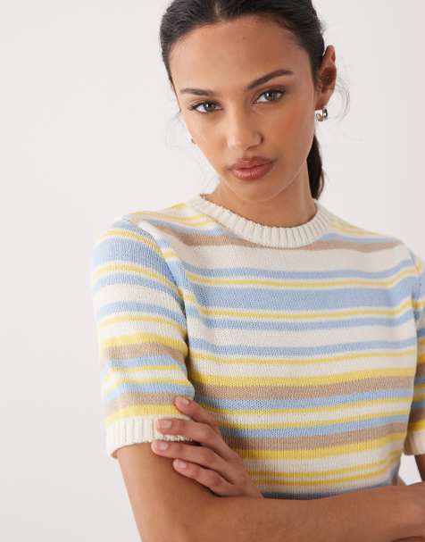 ASOS DESIGN – Strickoberteil aus Baumwollmix in Buttermilchgelb gestreift - view 1