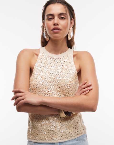 ASOS DESIGN – Strickoberteil in Cremeweiß mit paillettenbesetzter Vorderseite - view 1
