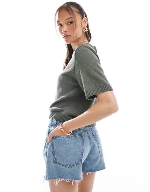 ASOS DESIGN – Strickoberteil in Khaki mit halben Ärmeln, 4 von 4