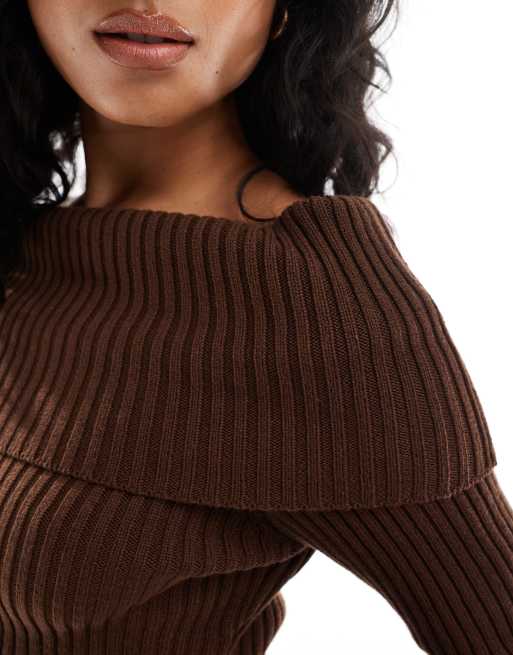 ASOS DESIGN – Strickoberteil in Schokoladenbraun mit umgeschlagenem Carmen-Ausschnitt, 4 von 4