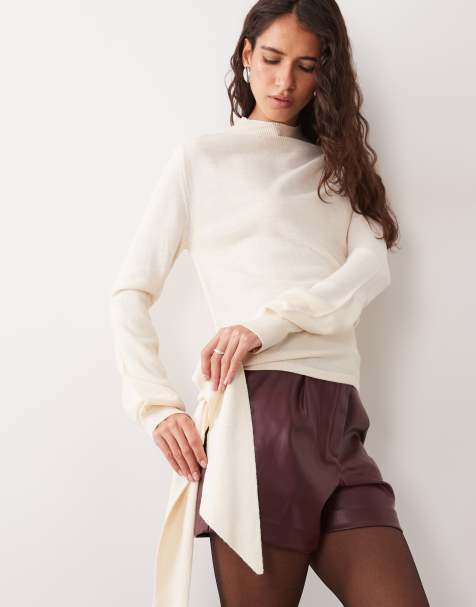 ASOS DESIGN Strickoberteil mit Bindebändern an der Seite und Stehkragen in Cremeweiß - view 1
