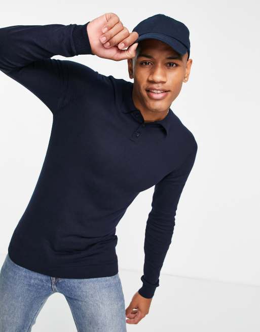 ASOS DESIGN – Strickpullover aus Baumwolle in Marineblau mit Polokragen