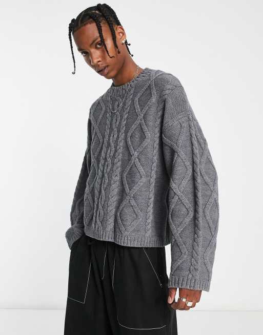 ASOS DESIGN – Strickpullover aus einer Wollmischung in Grau mit Zopfmuster und Rundhalsausschnitt