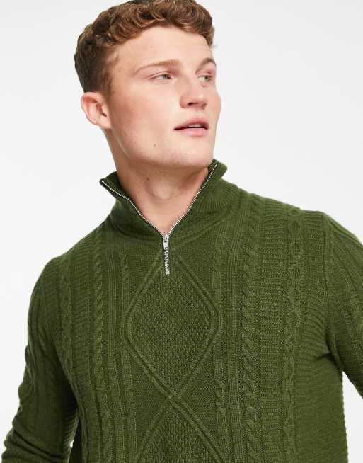 ASOS DESIGN – Strickpullover aus Lammwolle in Khaki mit Zopfmuster und kurzem Reißverschluss