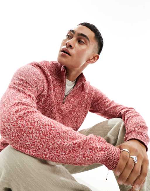 ASOS DESIGN – Strickpullover aus mittelschwerer Baumwolle in meliertem Rot mit kurzem 1/4-Reißverschluss