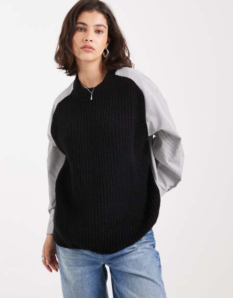 ASOS DESIGN – Strickpullover aus Webstoff-Materialien in Schwarz - view 1