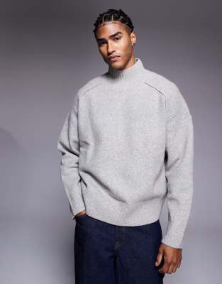 Strickpullover aus Wollmix in Grau mit Stehkragen und Super-Oversize-Passform Grau S