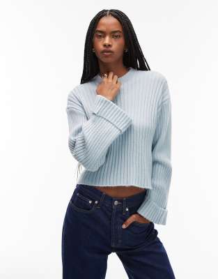 ASOS DESIGN - Strickpullover in Blau mit umgeschlagenen Bündchen