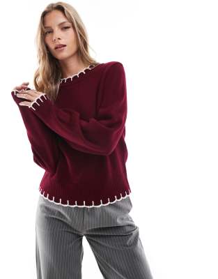 ASOS DESIGN - Strickpullover in Burgunderrot mit Langettenstich