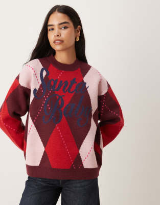ASOS DESIGN - Strickpullover in Burgunderrot mit Rautenmuster und „Santa Baby"-Schriftzug