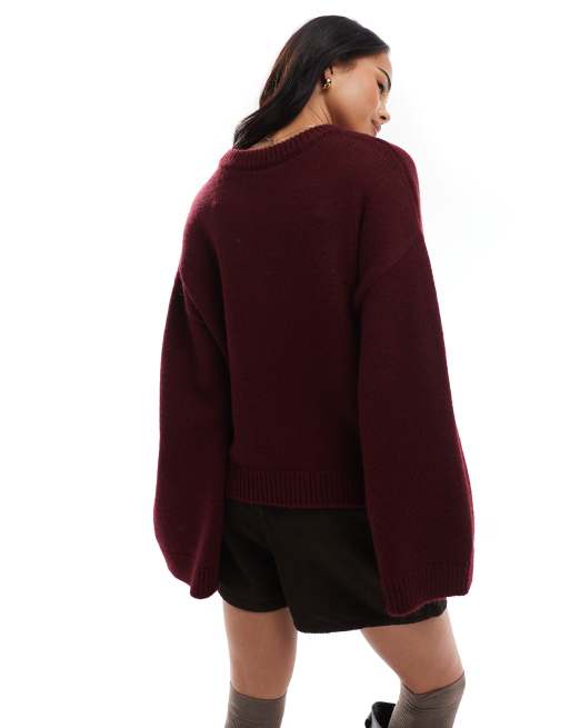 ASOS DESIGN – Strickpullover in Burgunderrot mit weiten Ärmeln, 3 von 4