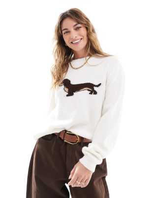 ASOS DESIGN - Strickpullover in Creme mit Hundegrafik-Weiß