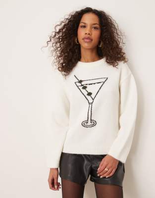 ASOS DESIGN - Strickpullover in Ecru mit Cocktail-Motiv-Weiß