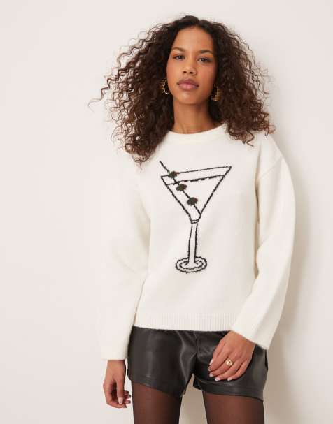 ASOS DESIGN – Strickpullover in Ecru mit Cocktail-Motiv - view 1