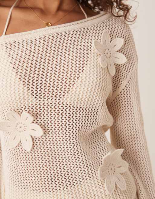 ASOS DESIGN – Strickpullover in Ecru mit One-Shoulder-Träger und 3D-Blume, Kombiteil, 3 von 4