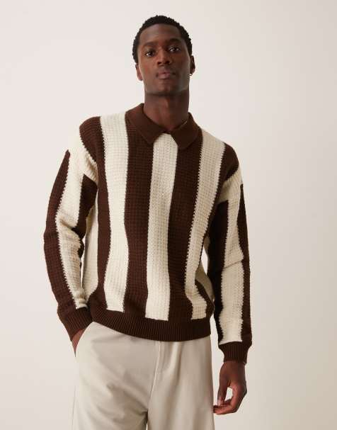 ASOS DESIGN – Strickpullover in gestreiftem Braun mit Polokragen und lockerem, kastigem Schnitt - view 1