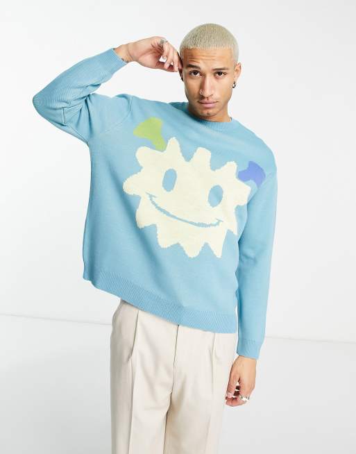 ASOS DESIGN – Strickpullover in Hellblau mit Monster-Print