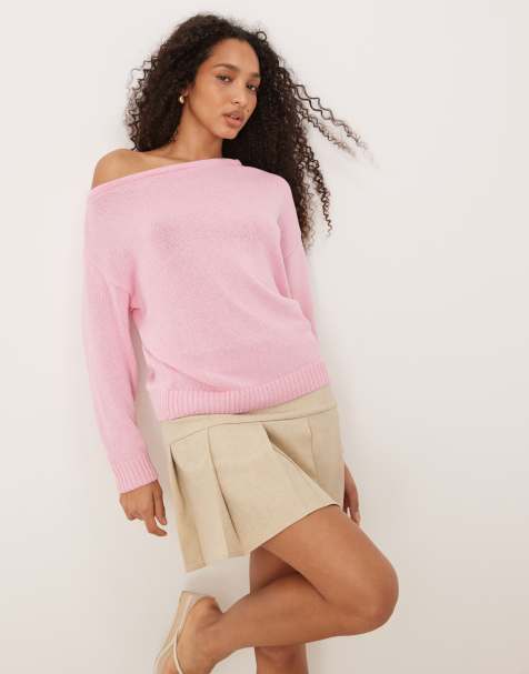 ASOS DESIGN – Strickpullover in Hellrosa mit One-Shoulder-Ärmel - view 1
