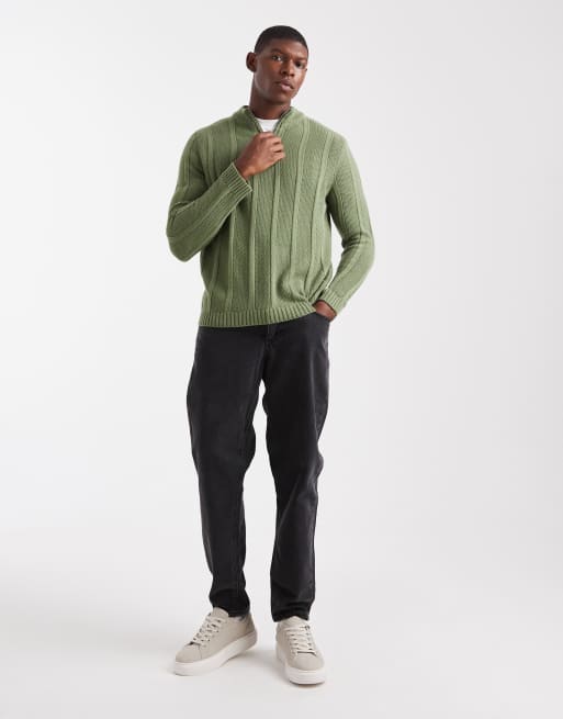 ASOS DESIGN – Strickpullover in Khaki mit Streifen, kurzem Reißverschluss und Stehkragen, 2 von 5