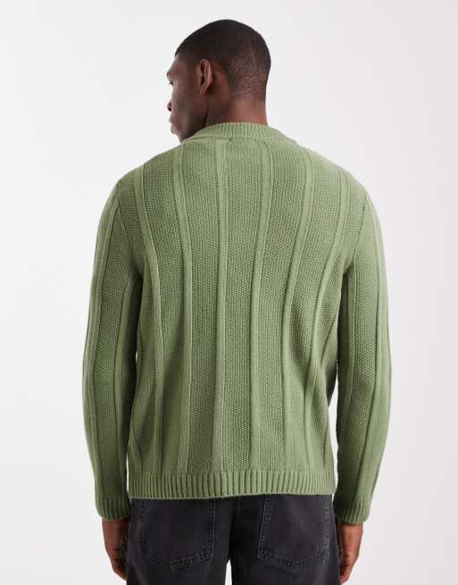 ASOS DESIGN – Strickpullover in Khaki mit Streifen, kurzem Reißverschluss und Stehkragen, 3 von 5